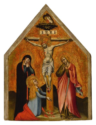 View full screen - View 1 of Lot 501. SIMONE DI FILIPPO, CALLED SIMONE DEI CROCIFISSI | CRUCIFIXION WITH THE VIRGIN MARY, MARY MAGDALENE, AND ST. JOHN THE EVANGELIST MOURNING.