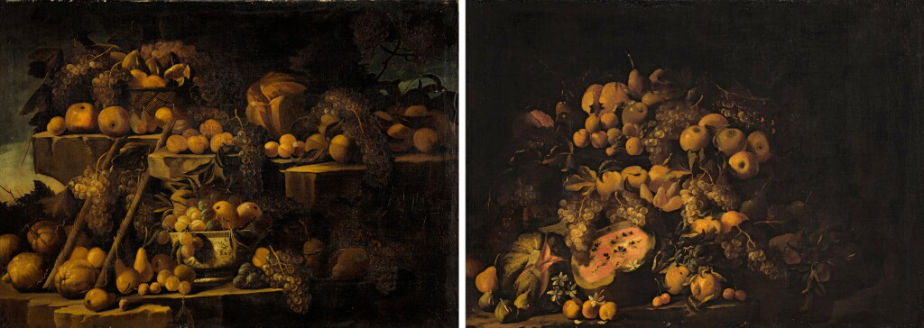 View full screen - View 1 of Lot 386. A still life of fruit on stone ledges, including citrus fruits, grapes and melons; and A still life of fruit including watermelons, apples, pears, grapes and cherries.
