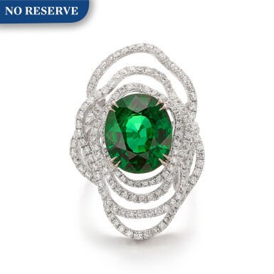 View full screen - View 1 of Lot 1609. TSAVORITE GARNET AND DIAMOND RING | 8.18卡拉 天然「東非」沙弗來石 配 鑽石 戒指.