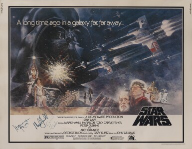 View full screen - View 1 of Lot 148. Star Wars (1977) poster, US, signed by Harrison Ford, Mark Hamill and a secretarial signature by Carrie Fisher's mother Debbie Reynolds.