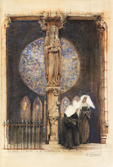 View full screen - View 1 of Lot 99. La Cathédrale, 1909. Maroquin orné et doublé de Lortic. Avec un dessin original..