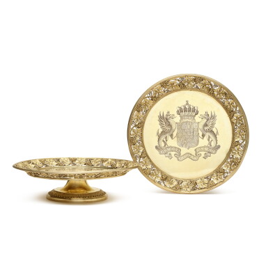 View full screen - View 1 of Lot 130. The Eglinton Service: A Pair of George III Silver-Gilt Salvers on Foot, Digby Scott & Benjamin Smith, London for Rundell, Bridge & Rundell, 1805.