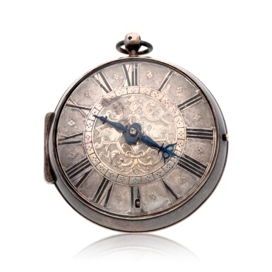 View full screen - View 1 of Lot 136. A SILVER OIGNON WATCH WITH BALANCE IN THE FORM OF A MOCK PENDULUM CIRCA 1700.