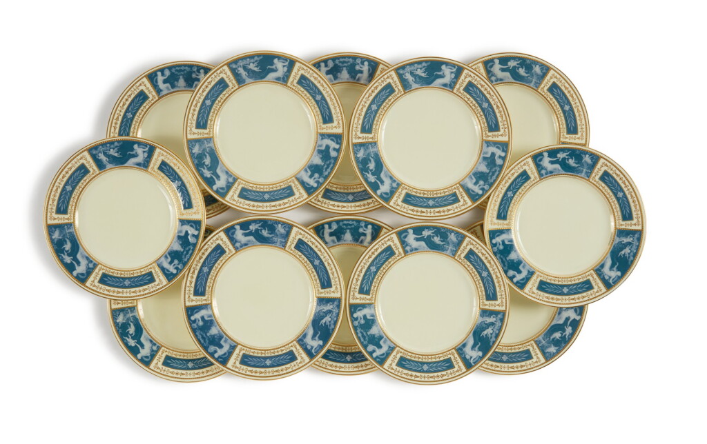 View full screen - View 1 of Lot 371. A SET OF TWELVE MINTONS PÂTE-SUR-PÂTE SLATE-BLUE AND IVORY-GROUND PLATES, 1924-26.