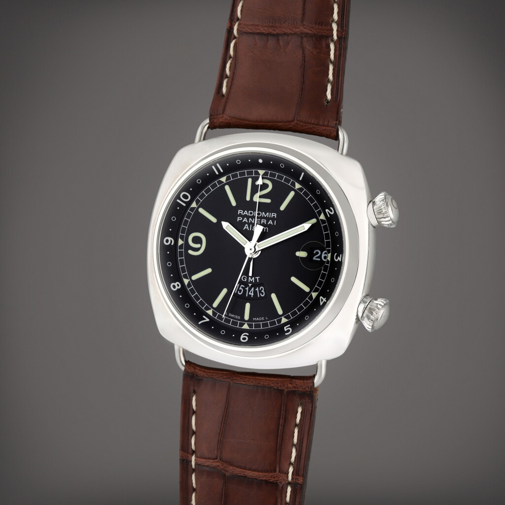 View full screen - View 1 of Lot 32. Reference PAM 00098 Radiomir GMT/Alarm | A limited edition stainless steel automatic dual time wristwatch with date and alarm, Circa 2002.