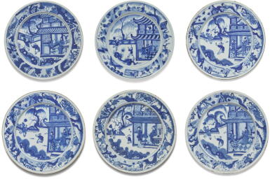 View full screen - View 1 of Lot 95. A SET OF SIX BLUE AND WHITE DISHES, QING DYNASTY, KANGXI PERIOD.