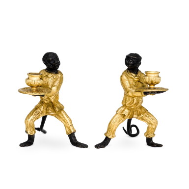 View full screen - View 1 of Lot 146. A pair of gilt and patinated bronze singerie candelsticks, 20th century.