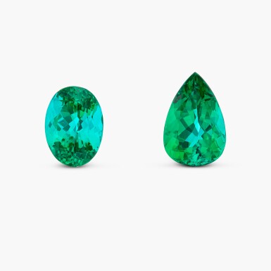 View full screen - View 1 of Lot 24. Two Unmounted Paraíba Tourmalines "6.65 及 6.44克拉「巴西」帕拉伊巴碧璽 兩枚 ".