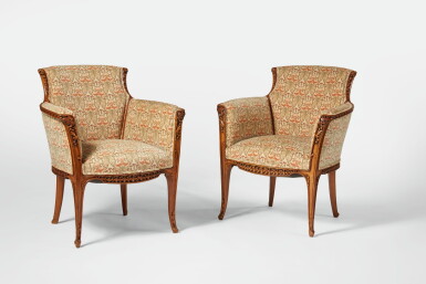 View full screen - View 1 of Lot 89. LOUIS MAJORELLE | PAIR OF "AUBÉPINE" ARMCHAIRS.