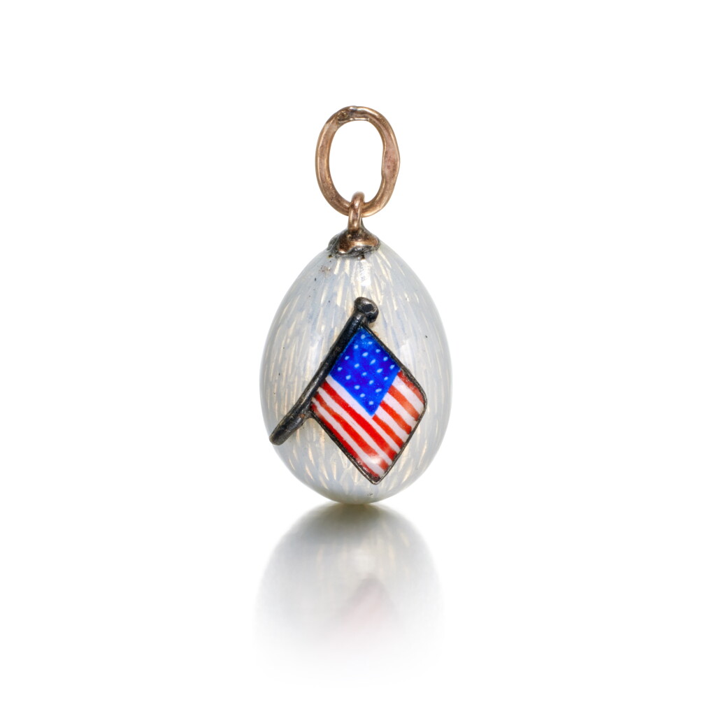 View full screen - View 1 of Lot 8. A Russian Gold-Mounted Guilloché Enamel Egg Pendant, circa 1900.