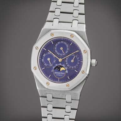 View full screen - View 1 of Lot 123. Reference 25686SP Royal Oak Quantieme Perpetual | A limited edition stainless steel and platinum automatic perpetual calendar wristwatch with moonphases and bracelet, Circa 1994.