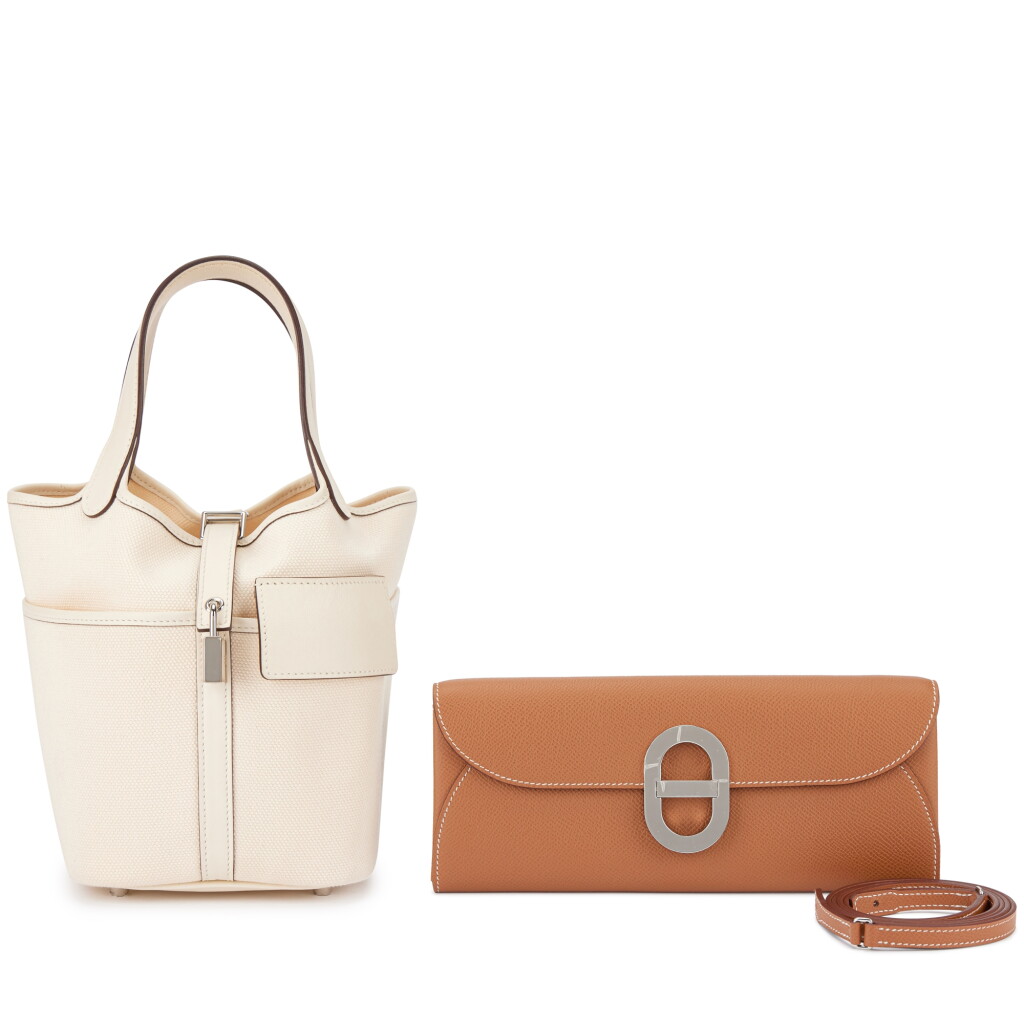 View full screen - View 1 of Lot 1656. Set of Two Limited Edition Nata Swift and Ecru Toile Geoland Cargo Picotin Lock 18 Palladium Hardware, 2021 and Gold Epsom Maillon-To-Go Wallet Palladium Hardware, 2024.