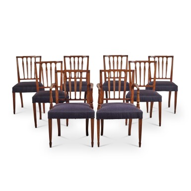 View full screen - View 1 of Lot 106. A Set of Seven Federal Mahogany Dining Chairs in the manner of Thomas Sheraton, New York, Circa 1800, together with a matching 20th century armchair.