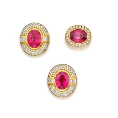 View full screen - View 1 of Lot 431. Rubellite and Diamond Ring and Pair of Earclips .