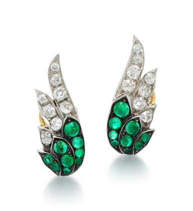 View full screen - View 1 of Lot 76. PAIR OF EMERALD AND DIAMOND EAR CLIPS.