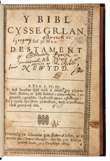 View full screen - View 1 of Lot 116. Bible in Welsh, London, 1654, later calf gilt.