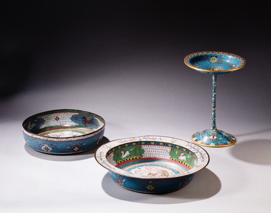 View full screen - View 1 of Lot 322. Two cloisonné enamel basins and a cloisonné tazza, Late Qing dynasty.