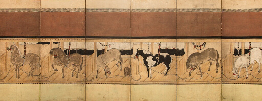 View full screen - View 1 of Lot 48. ANONYMOUS, EDO PERIOD, LATE 17TH CENTURY | STABLE WITH HORSES.