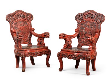 View full screen - View 1 of Lot 57. A PAIR OF CHINESE RED AND BLACK LACQUER CARVED WOOD THRONE CHAIRS, LATE 19TH CENTURY .