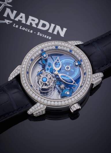 View full screen - View 1 of Lot 85. Reference 799-83 Royal Blue Mystery Tourbillon | A limited edition platinum sapphire and diamond-set skeletonized flying tourbillon wristwatch, Circa 2008.