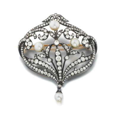 View full screen - View 1 of Lot 1063. A diamond and natural pearl brooch, late 19th century.