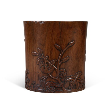 View full screen - View 1 of Lot 278. A carved 'huanghuali' 'floral' brushpot (Bitong), 17th / 18th century.