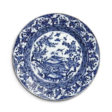 View full screen - View 1 of Lot 648. A blue and white 'bird and flower' charger, Qing dynasty, Kangxi period | 清康熙 青花花鳥紋大盤.