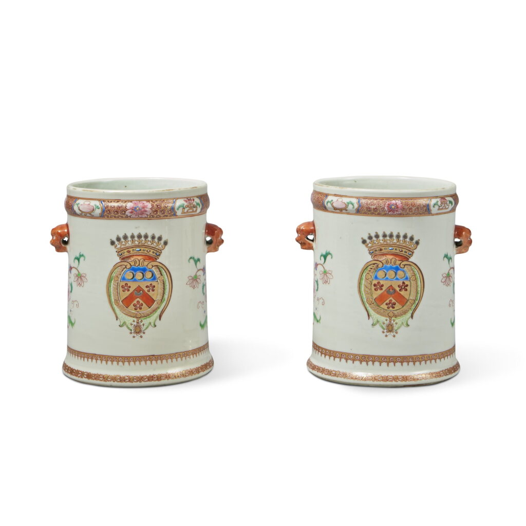 View full screen - View 1 of Lot 1052. A Pair of Small Chinese Export Armorial Bottle Coolers, Qing Dynasty, Yongzheng Period, Circa 1725.