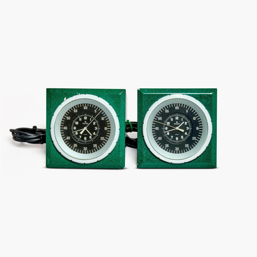 View full screen - View 1 of Lot 118. A pair of subsidiary desk clocks made by Patek Philippe for Rolex, Circa 1975.