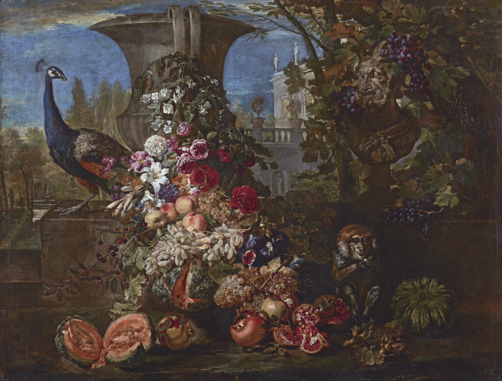 View full screen - View 1 of Lot 60. DAVID DE CONINCK | Still life with a peacock and monkey in a wooded landscape.