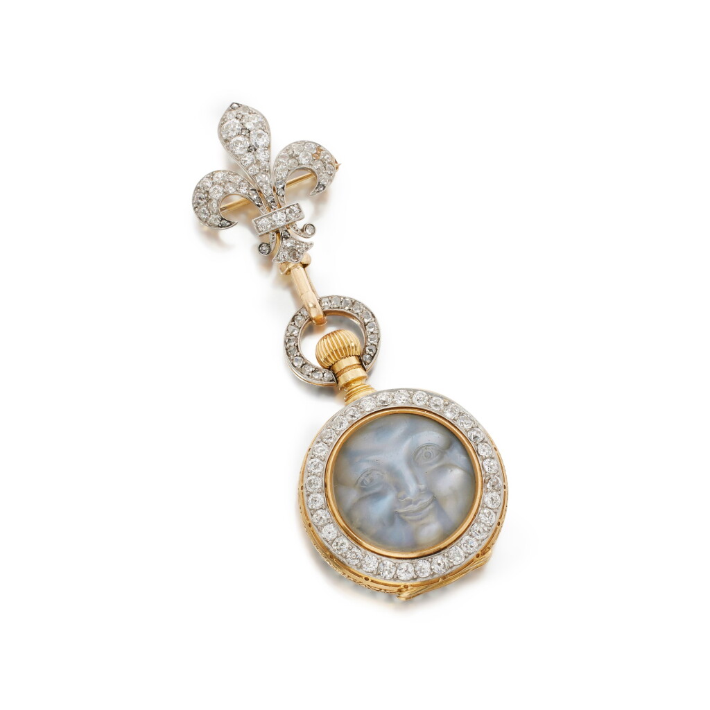 View full screen - View 1 of Lot 375. Moonstone and Diamond Lapel Watch.