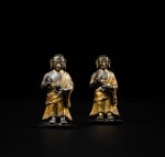 Two small parcel-gilt copper alloy figures of Shariputra and Maudgalyayana, Qing dynasty, 18th - 19th century | 清十八至十九世紀 局部鎏金銅合金舍利弗及目犍連坐像 一組兩尊