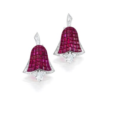 View full screen - View 1 of Lot 78. Van Cleef & Arpels | Pair of Mystery-Set Ruby and Diamond Earclips, France.