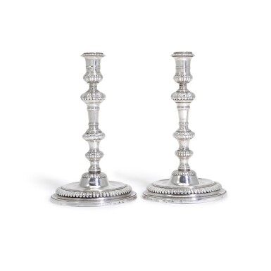 View full screen - View 1 of Lot 99. A substantial pair of silver table candlesticks, maker's mark BG below crown, possibly London, circa 1700.