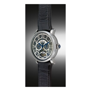 View full screen - View 1 of Lot 986. CARTIER | REF W1580007 ROTONDE DE CARTIER TOURBILLON, A LIMITED EDITION PLATINUM TOURBILLON MONO PUSHER CHRONOGRAPH WRISTWATCH CIRCA 2010 | 卡地亞 | W1580007型號「ROTONDE DE CARTIER TOURBILLON」限量版鉑金陀飛輪單按鈕計時腕錶,年份約2010.