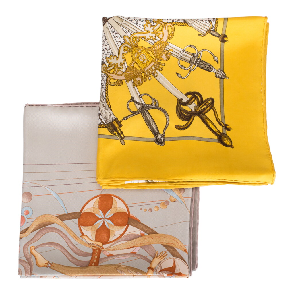 View full screen - View 1 of Lot 98. Hermès Set of Two Scarves:"La Danse du Cosmos" Silk Twill Scarf 90cm and "Armeria" Silk Twill 90cm.