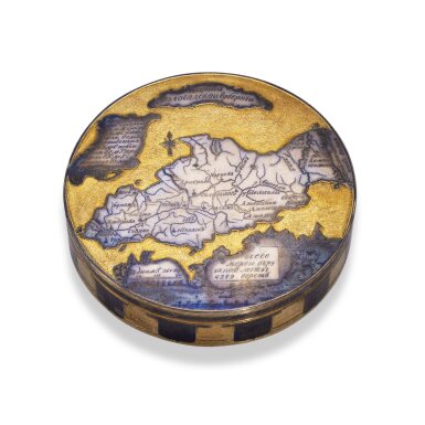 View full screen - View 1 of Lot 567. An Oval Silver-Gilt and Niello Cartographic Box, Zhilin, Veliky Ustyug, 1811.