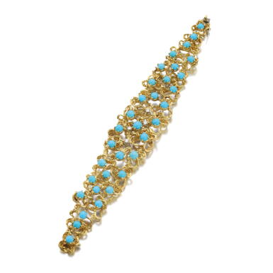 View full screen - View 1 of Lot 6. TURQUOISE AND DIAMOND BRACELET, BUCHERER, 1960S.