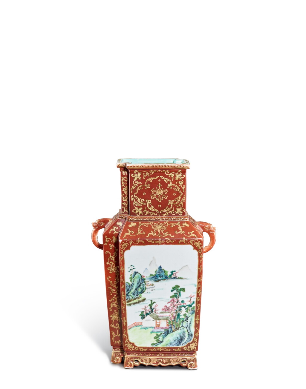 View full screen - View 1 of Lot 44. A gilt-decorated famille-rose 'landscape' double lozenge vase, Qing dynasty.