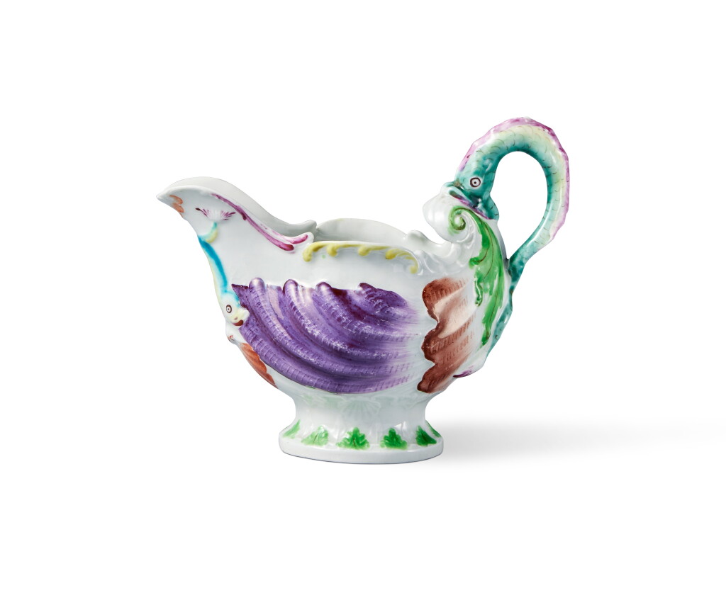 View full screen - View 1 of Lot 269. A Worcester 'Dolphin Ewer' Creamboat and A Liverpool Large Fluted Teapot and Cover, Circa 1760-65.