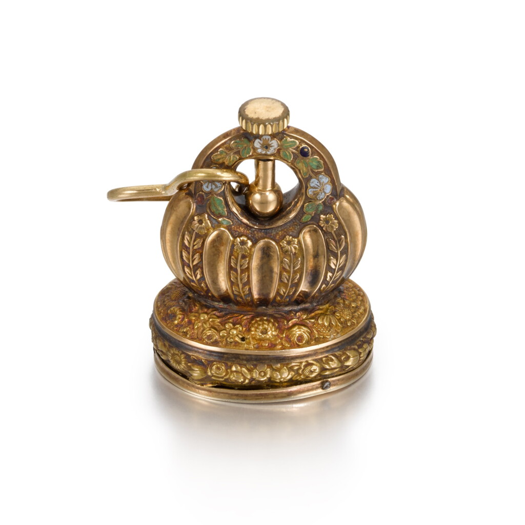 View full screen - View 1 of Lot 208. GOLD AND ENAMEL MUSICAL FOB SEAL CIRCA 1820.