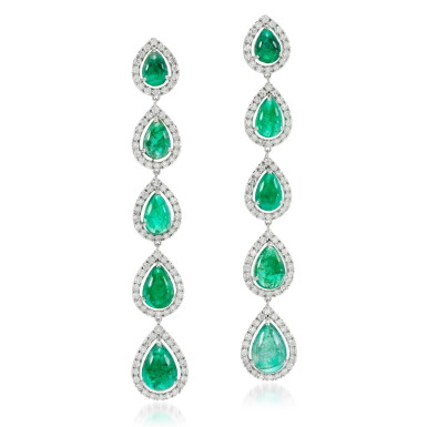 View full screen - View 1 of Lot 126. Pair of emerald and diamond earrings.