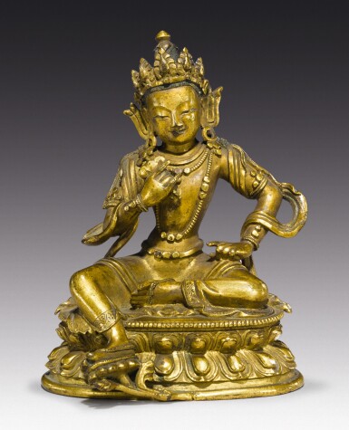 View full screen - View 1 of Lot 335. A GILT COPPER ALLOY FIGURE OF MANJUSHRI, TIBETO-CHINESE, 17TH/18TH CENTURY.