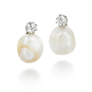 View full screen - View 1 of Lot 82. PAIR OF NATURAL PEARL AND DIAMOND EARRINGS.