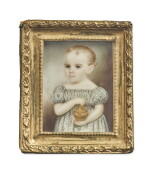 MRS. MOSES B. RUSSELL (CLARISSA PETERS) | MINIATURE PORTRAIT OF GIRL IN A SPOTTED WHITE DRESS HOLDING A BASKET