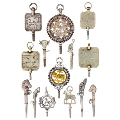 View full screen - View 1 of Lot 249. A group of 19 silver animal themed watch keys including equestrian-forms 19th century.
