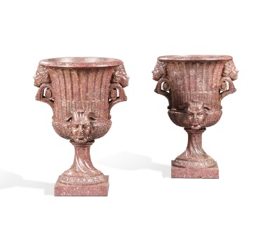 View full screen - View 1 of Lot 76. A pair of porphyry vases, Italy, late 19th century | Paire de vases en porphyre, Italie, fin du XIXe siècle.