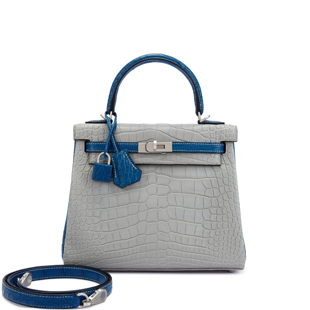 View full screen - View 1 of Lot 9681. Gris Perle and Bleu de Malte Matte Mississippiensis Alligator HSS Kelly 25 Retourné Brushed Palladium Hardware, 2024.