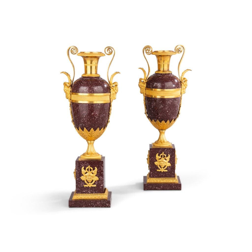 View full screen - View 1 of Lot 518. A pair of late Louis XVI gilt-bronze mounted porphyry vases, late 18th century.