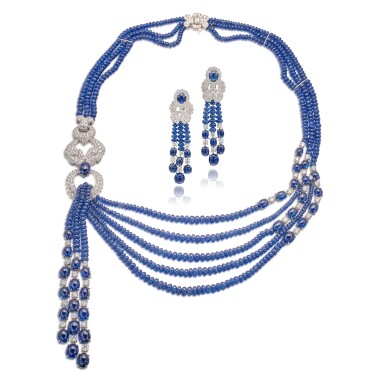 View full screen - View 1 of Lot 1862. SAPPHIRE AND DIAMOND DEMI- PARURE | SCHREINER | 藍寶石 配 鑽石 項鏈 及 耳環 套裝.